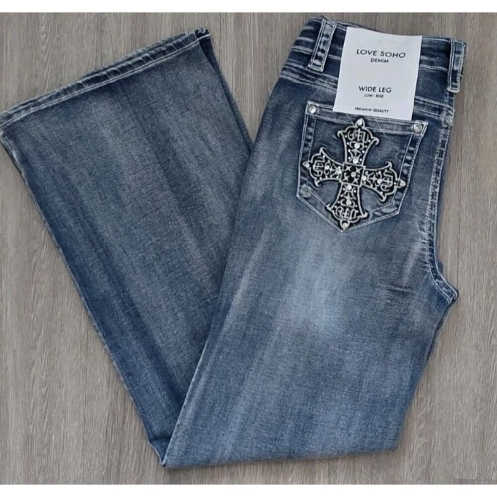 Love Soho Denim Women’s Jeans Size 15 Wide Leg Low Rise Embroidered - Picture 8 of 14